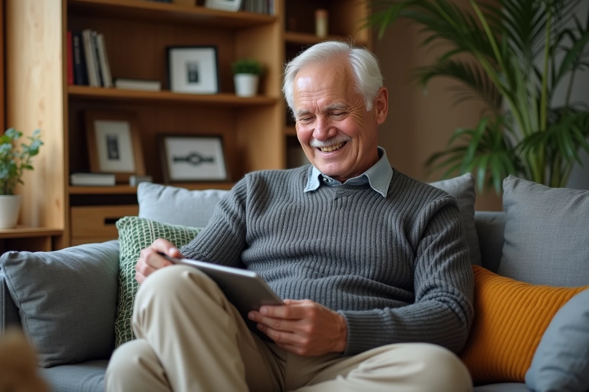 Homme âgé utilisant une tablette dans son salon chaleureux