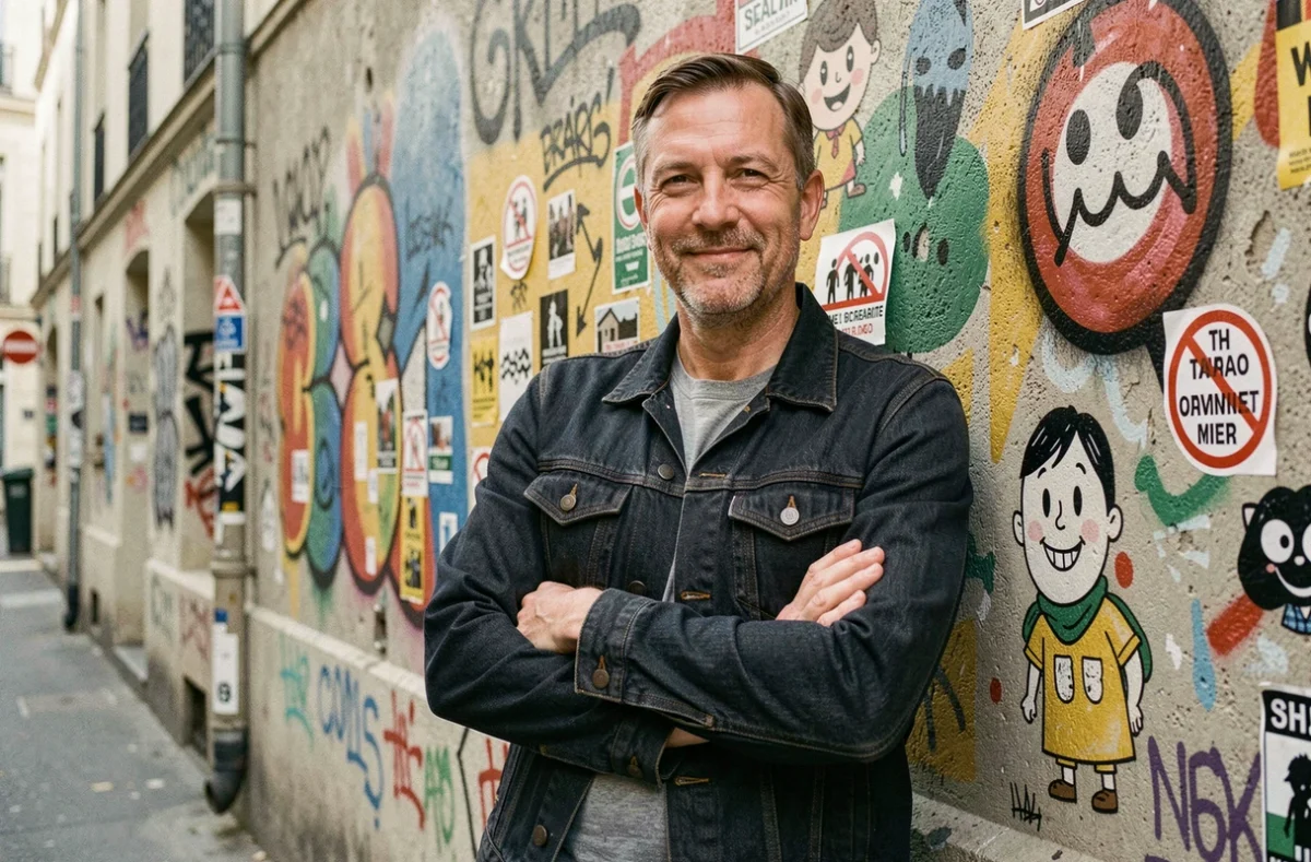 Homme souriant devant un mur de street art coloré dans un quartier urbain français, symbole de résistance culturelle et humoristique