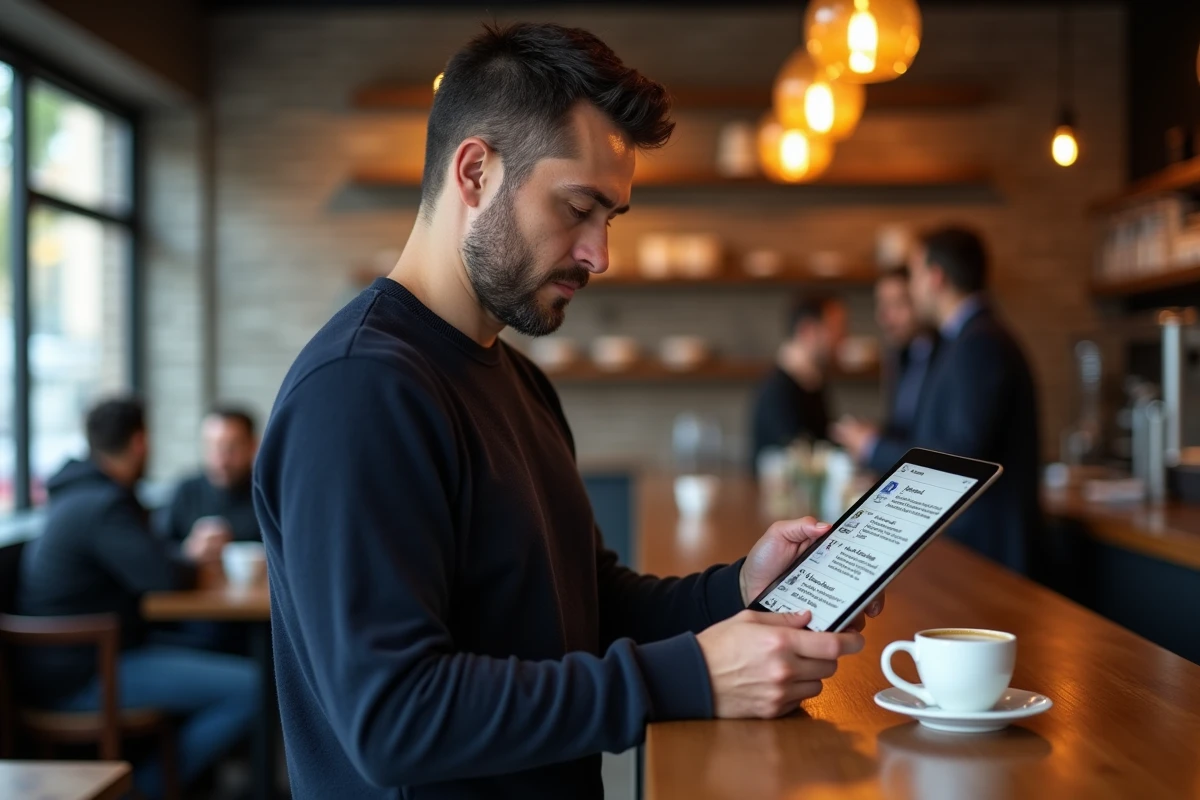 Homme lisant différentes rubriques éditoriales sur une tablette dans un café urbain