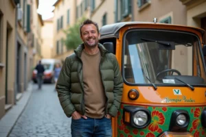 Homme souriant devant un tuk tuk coloré en ville historique