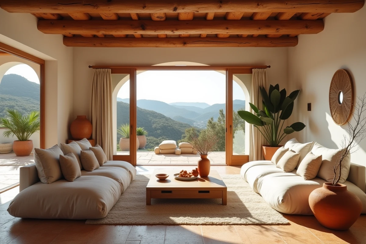Intérieur élégant d'une maison de vacances portugaise avec poutres en bois, sol en liège et portes arquées ouvrant sur un panorama de collines