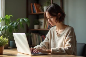 Jeune femme travaillant sur son ordinateur dans un appartement moderne
