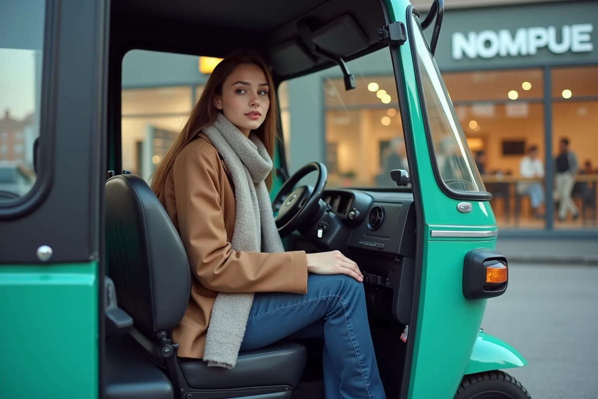 Jeune femme dans un tuk tuk moderne devant un concessionnaire