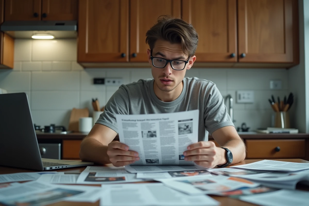 Jeune homme comparant magazines scientifiques et flyers pseudoscientifiques