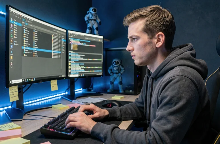 Joueur installant des mods Starfield sur son PC gaming avec deux écrans et une interface de gestion de mods ouverte