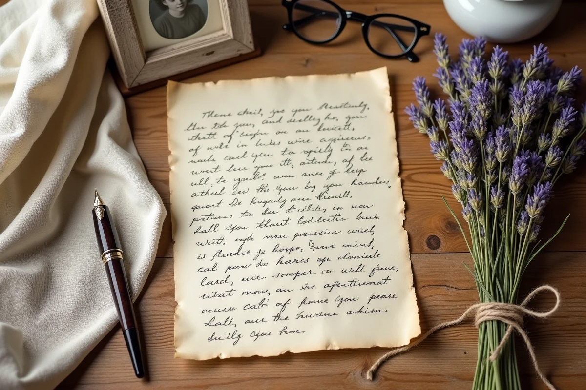Nature morte intime avec lettre manuscrite, stylo plume vintage, photo de famille ancienne et lavande séchée sur table en bois rustique