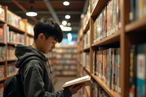 Intérieur d'une librairie manga avec des rangées de volumes japonais soigneusement organisés sur des étagères en bois