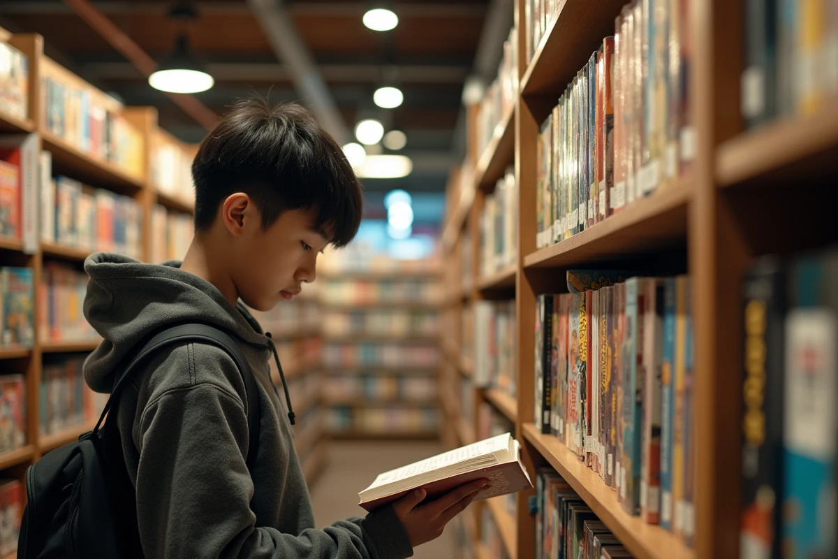 Intérieur d'une librairie manga avec des rangées de volumes japonais soigneusement organisés sur des étagères en bois