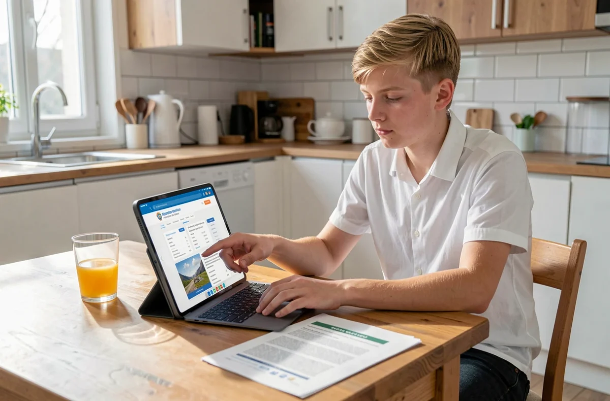 Lycéen consultant un guide imprimé et une tablette pour comprendre comment utiliser Cyclades et s'inscrire au bac