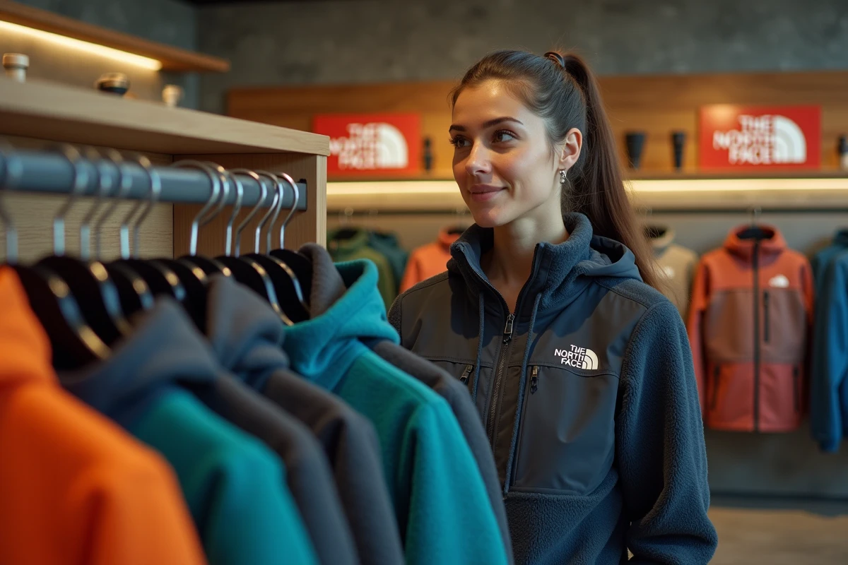 Femme examinant une veste polaire The North Face dans un magasin de sport spécialisé, mettant en valeur le positionnement premium de la marque en magasin