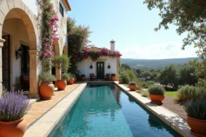 Villa de vacances luxueuse au Portugal avec piscine à débordement, murs blancs et carreaux azulejos traditionnels entourée de bougainvillées