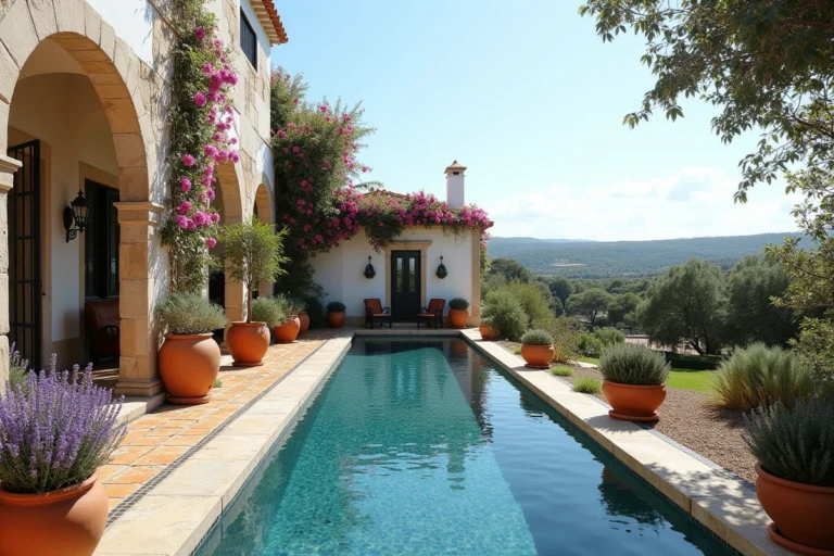 Villa de vacances luxueuse au Portugal avec piscine à débordement, murs blancs et carreaux azulejos traditionnels entourée de bougainvillées