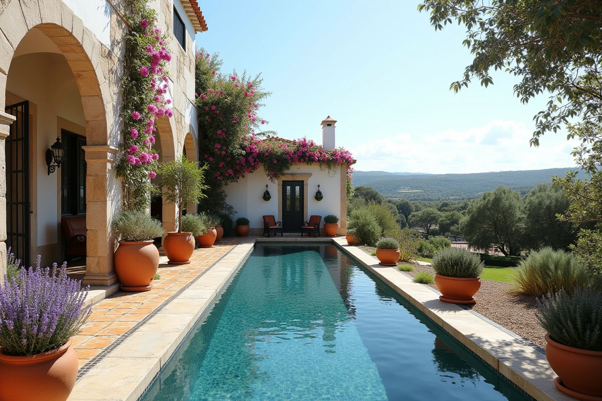 Villa de vacances luxueuse au Portugal avec piscine à débordement, murs blancs et carreaux azulejos traditionnels entourée de bougainvillées