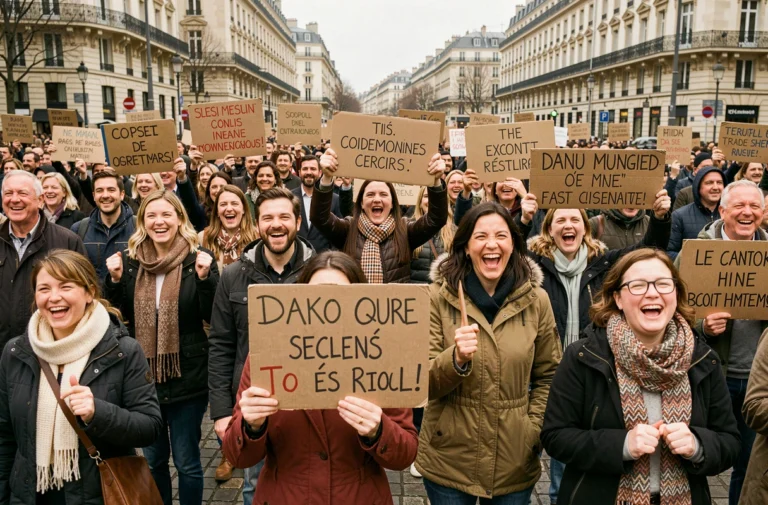Manifestants tenant des pancartes humoristiques lors d'un rassemblement citoyen contre l'extrême droite dans une place publique française