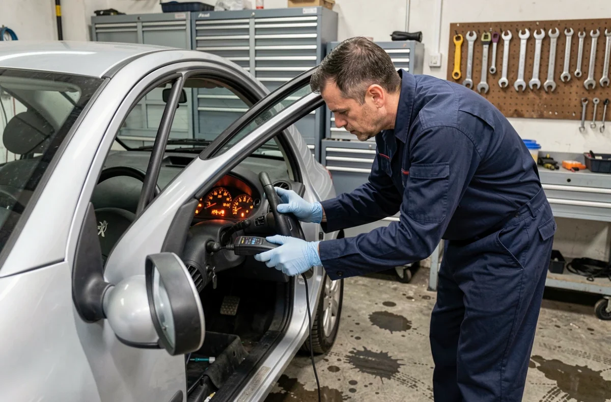 Mécanicien utilisant un lecteur de diagnostic OBD sur une Peugeot 206 avec voyants orange allumés dans un garage automobile