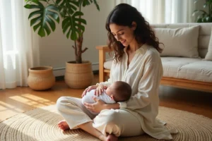 Jeune mère tenant tendrement son nouveau-né contre elle, assise sur un tapis de jute dans un salon naturel et chaleureux