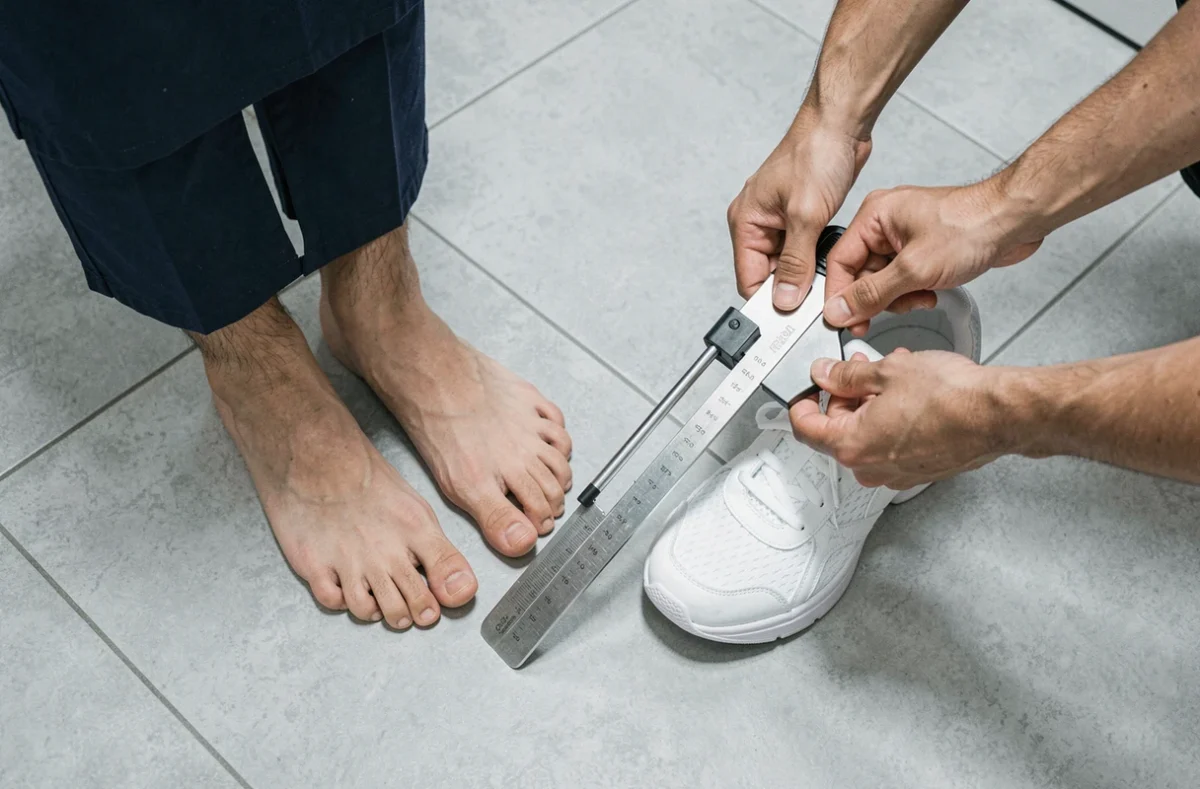 Mesure de pointure masculine avec un appareil Brannock dans un magasin de chaussures moderne