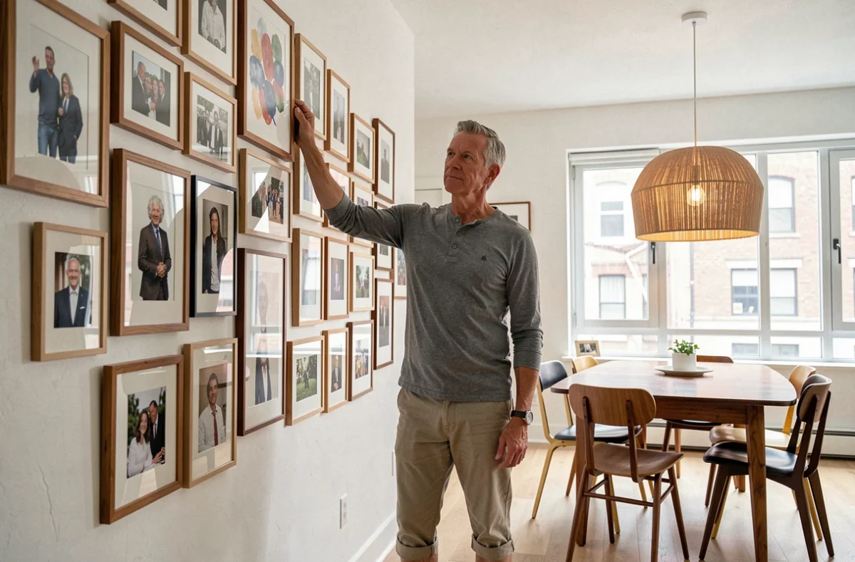 Homme installant un mur de cadres personnalisé dans une salle à manger contemporaine avec mobilier mid-century et décoration murale artistique