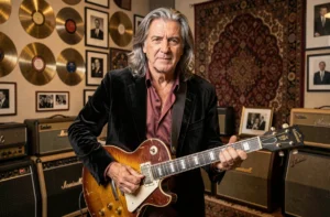 Musicien rock légendaire tenant une guitare électrique vintage dans un studio privé chargé d'histoire