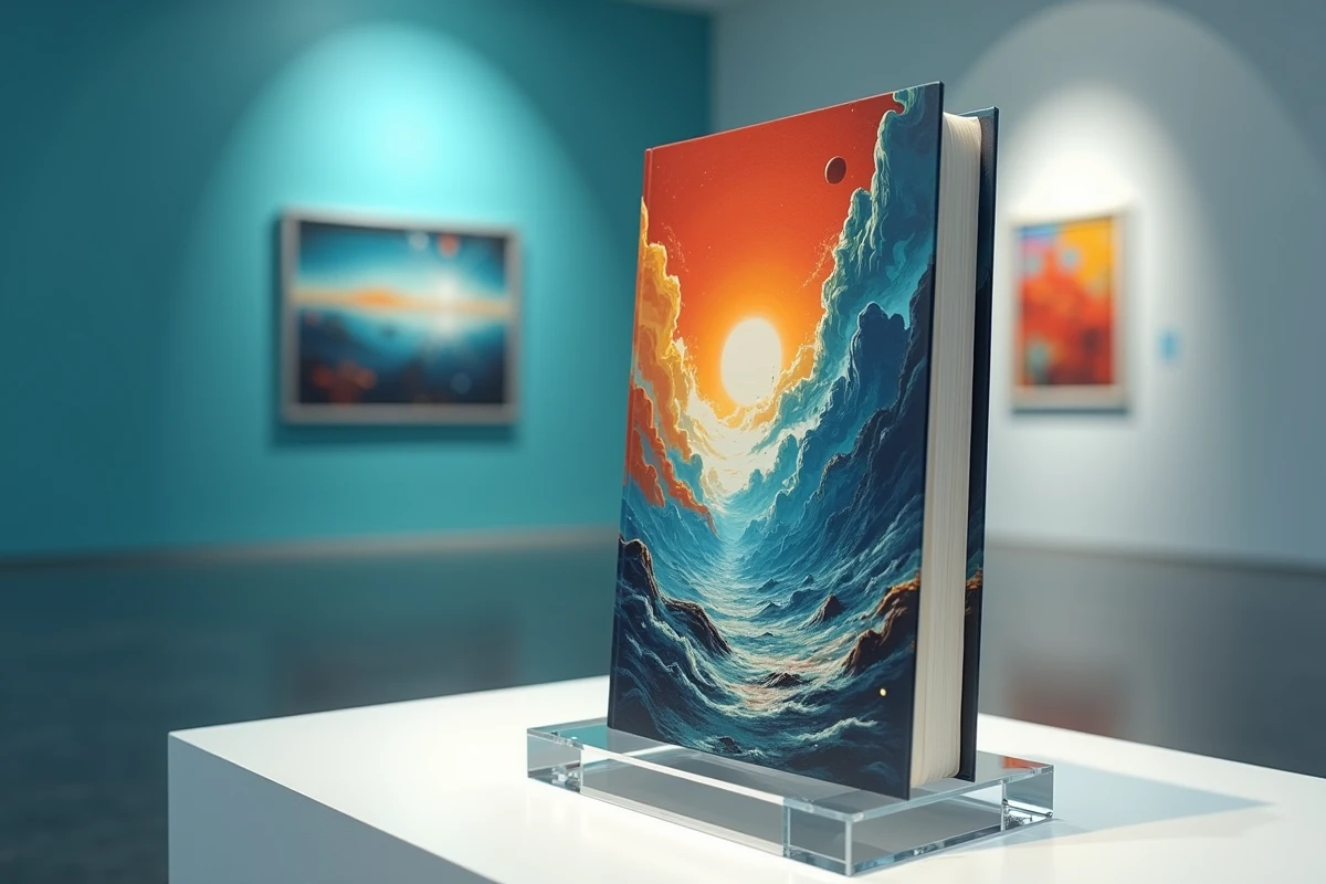 Manga de science-fiction sur un support acrylique dans une galerie d'art contemporain avec illustration de monde parallèle, représentant Parallel Paradise de Lynn Okamoto