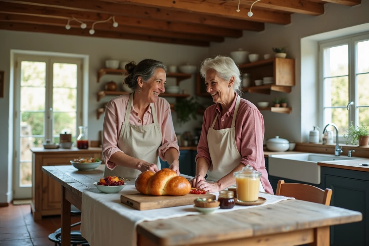 Deux femmes partageant un moment convivial autour de pâtisseries et confitures maison sur une grande table en bois dans une cuisine de campagne