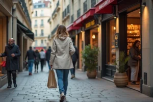Femme décontractée passant devant une boulangerie à Nantes