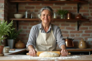 Femme préparant des pâtes fraîches maison sur un plan de travail en bois dans une cuisine rustique avec des herbes fraîches et des épices
