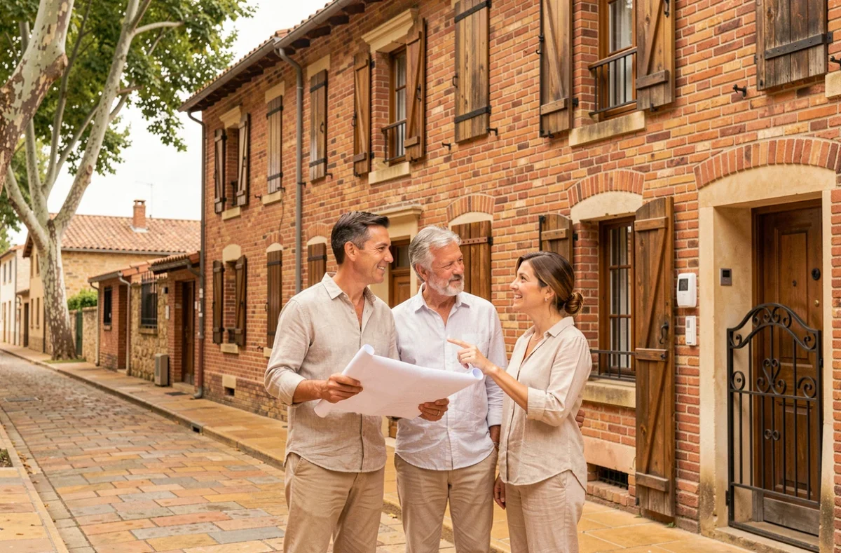 Couple devant une maison en briques rouges typique d'Albi pour un projet immobilier dans le Tarn