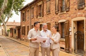Couple devant une maison en briques rouges typique d'Albi pour un projet immobilier dans le Tarn