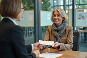 Femme souriante recevant une enveloppe à la mairie