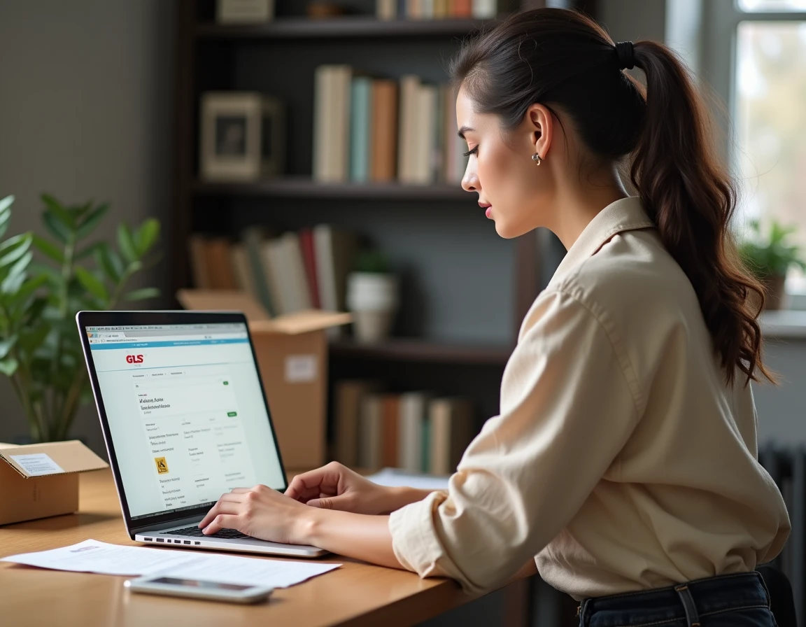 Jeune femme recherchant un colis GLS introuvable sur le site de suivi depuis son bureau à domicile