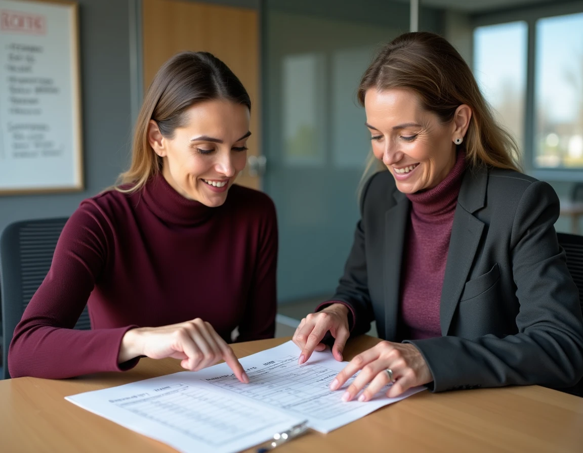 Réunion entre deux professionnelles du secteur social pour analyser une grille de salaire selon la convention 66