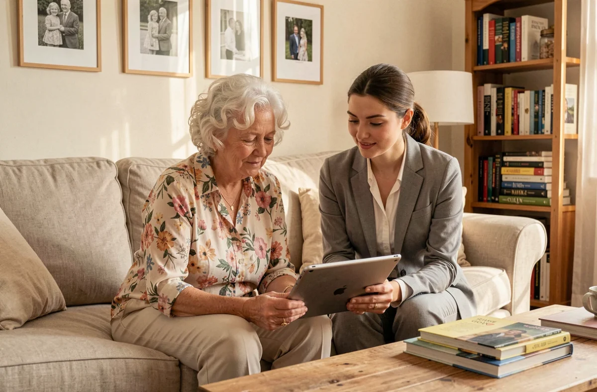 Senior et aidante consultant ensemble une tablette numérique dans un salon français confortable