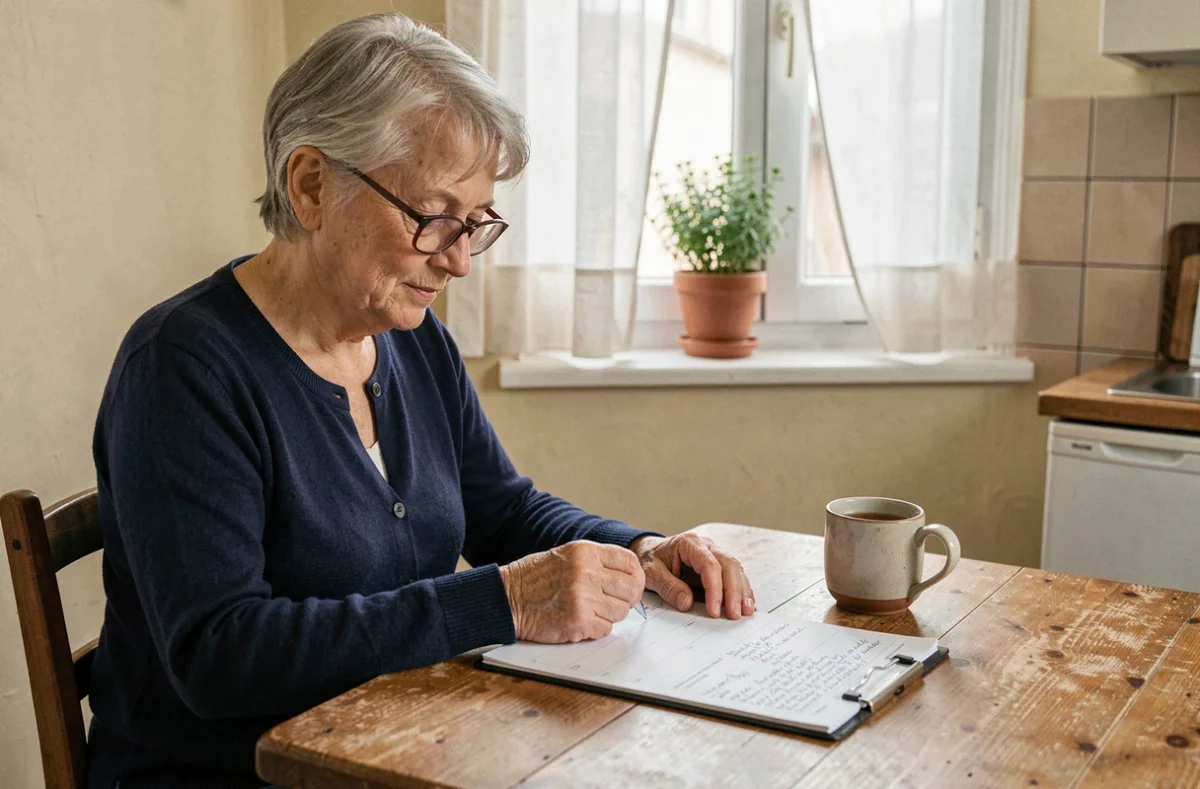 Senior française planifiant son quotidien à la table de cuisine avec un agenda papier et une tasse de thé