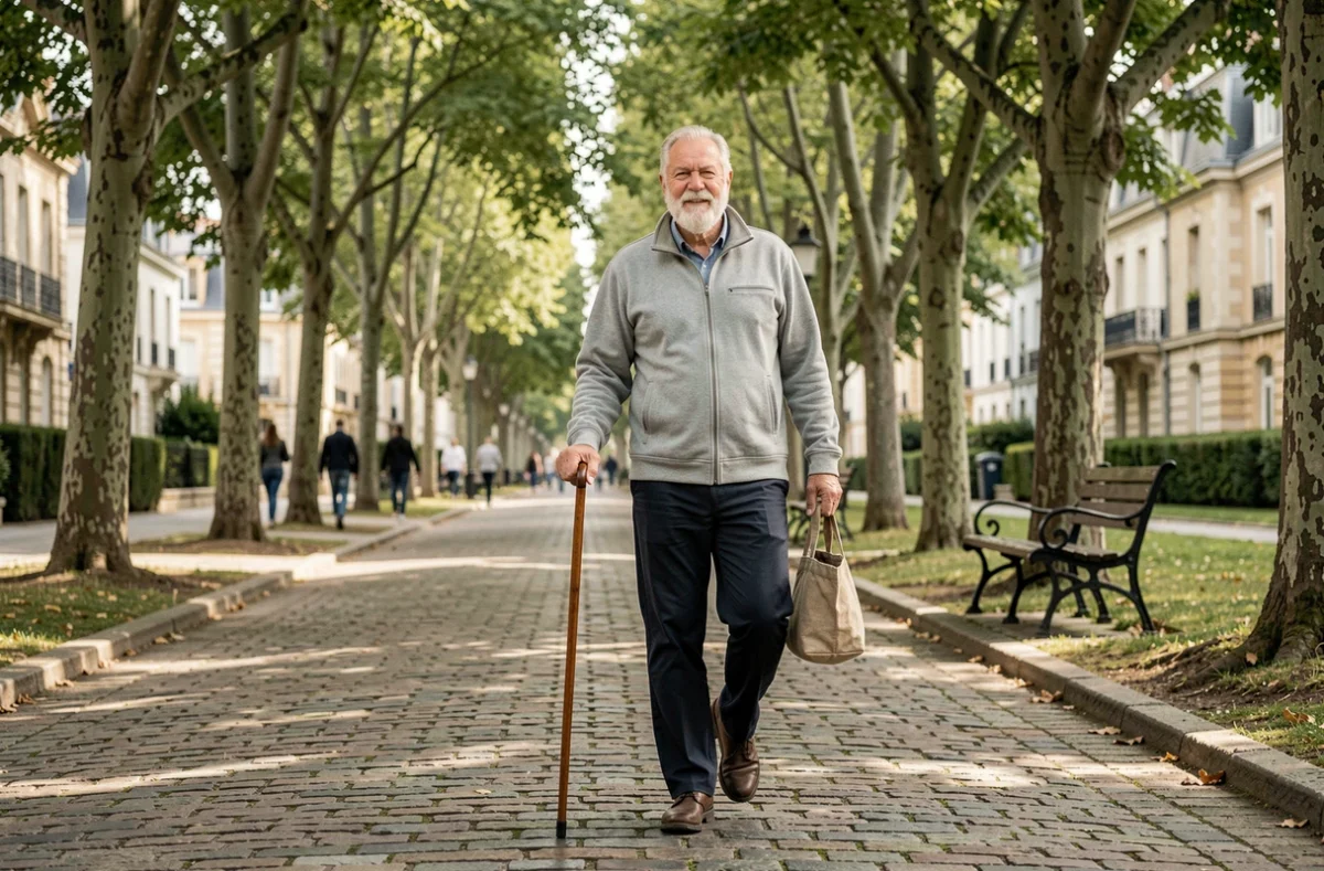 Senior homme marchant activement dans un parc français avec une canne et un sac en tissu