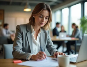 Femme consultante étudiant une simulation de grille salariale convention 66 sur ordinateur portable dans un bureau professionnel