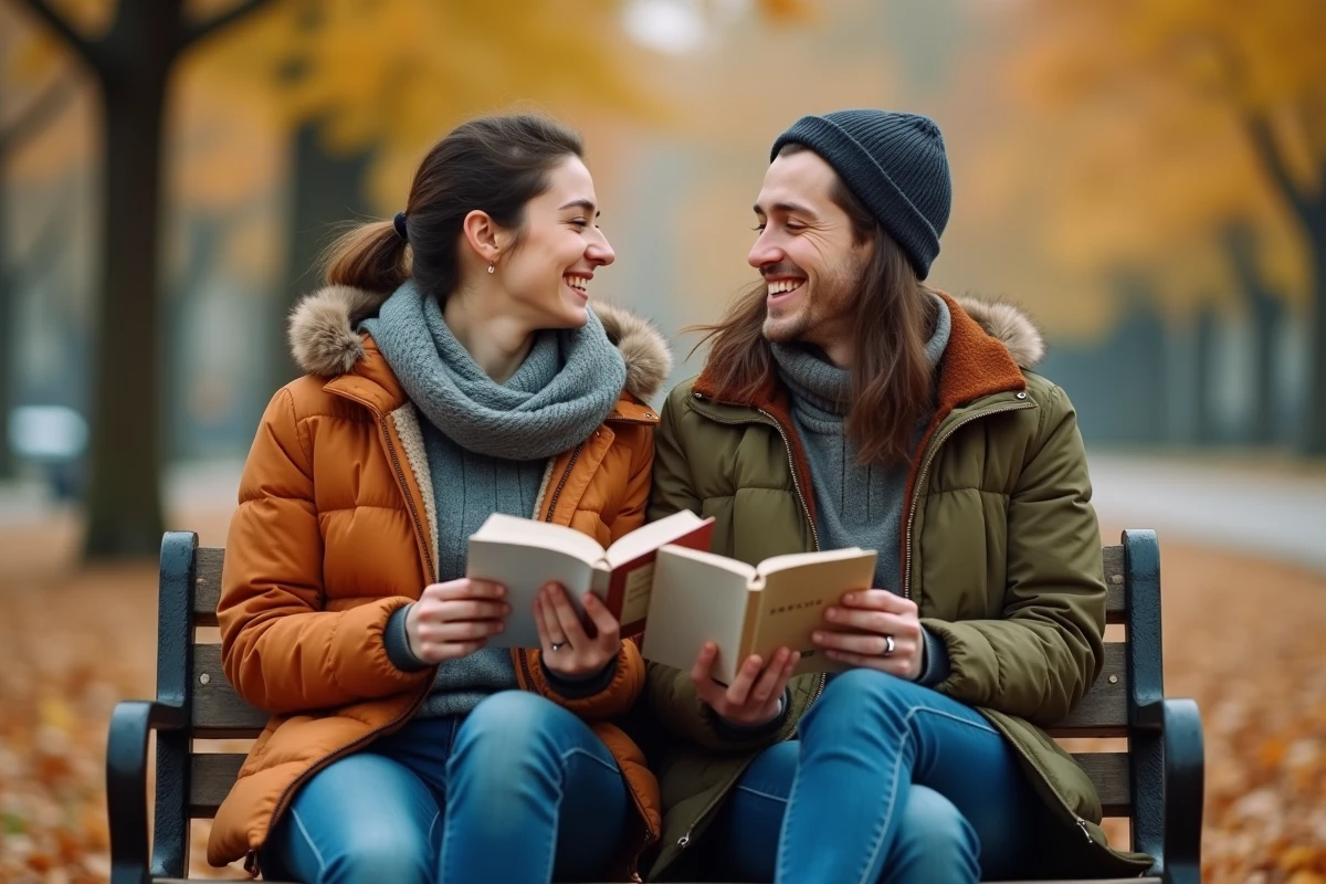 Couple dans la vingtaine assis sur un banc de parc partageant un manga avec des feuilles d'automne, illustrant Step Up Love Story de Katsu Aki