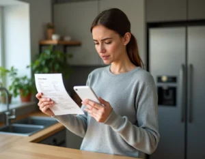 Femme consultant le suivi de colis GLS sur son smartphone avec un bon de livraison à la main dans une cuisine moderne