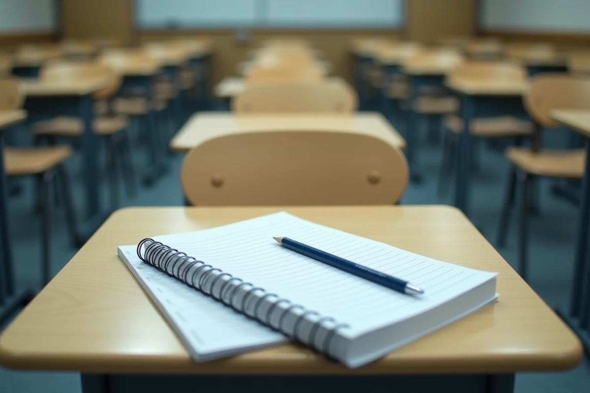 Manga posé sur un bureau scolaire en bois pâle avec un cahier et un crayon, représentant Sundome de Kazuto Okada
