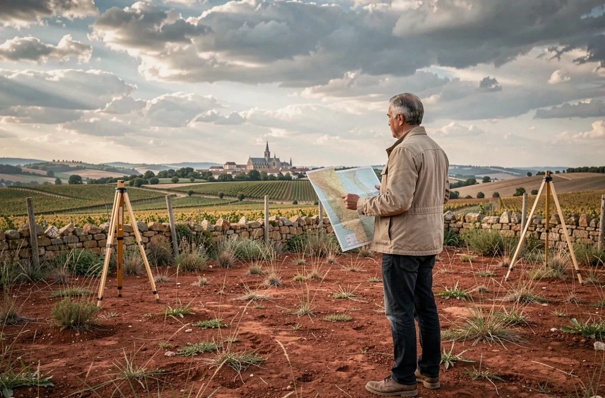 Homme examinant un terrain constructible en périphérie d'Albi avec vue sur la campagne du Tarn