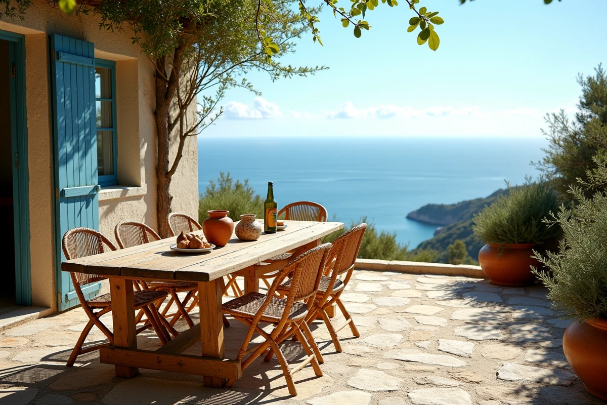 Terrasse en pierre d'une villa de luxe au Portugal avec table dressée en poterie locale et vue panoramique sur la côte Atlantique