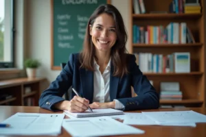 Tutrice éducatrice rédigeant l'appréciation de stage d'un stagiaire à son bureau professionnel