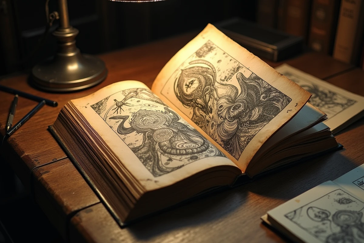 Volume manga usé ouvert sur une table de bibliothèque avec des illustrations de créatures mythologiques, représentant Urotsukidoji de Toshio Maeda