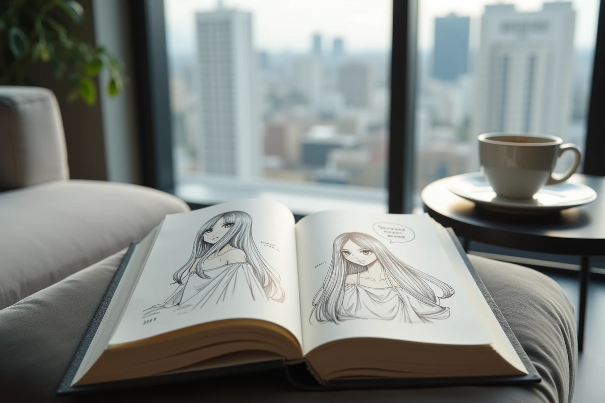 Manga ouvert sur un coussin en velours dans un appartement moderne avec vue sur la ville et tasse de thé, symbolisant Velvet Kiss de Harumi Chihiro