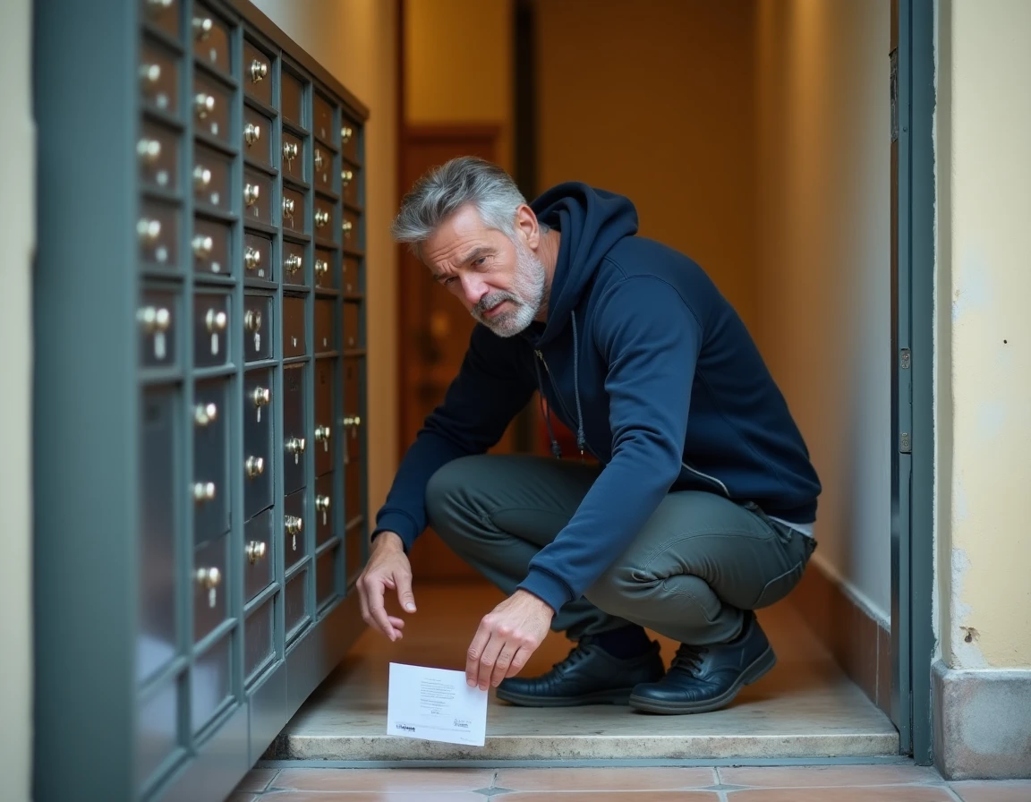 Homme vérifiant sa boîte aux lettres et le seuil de sa porte pour retrouver un avis de passage GLS dans un couloir d'immeuble