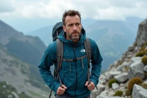 Randonneur portant une veste technique The North Face Gore-Tex sur une crête alpine rocheuse, illustrant la qualité et la durabilité des équipements haut de gamme