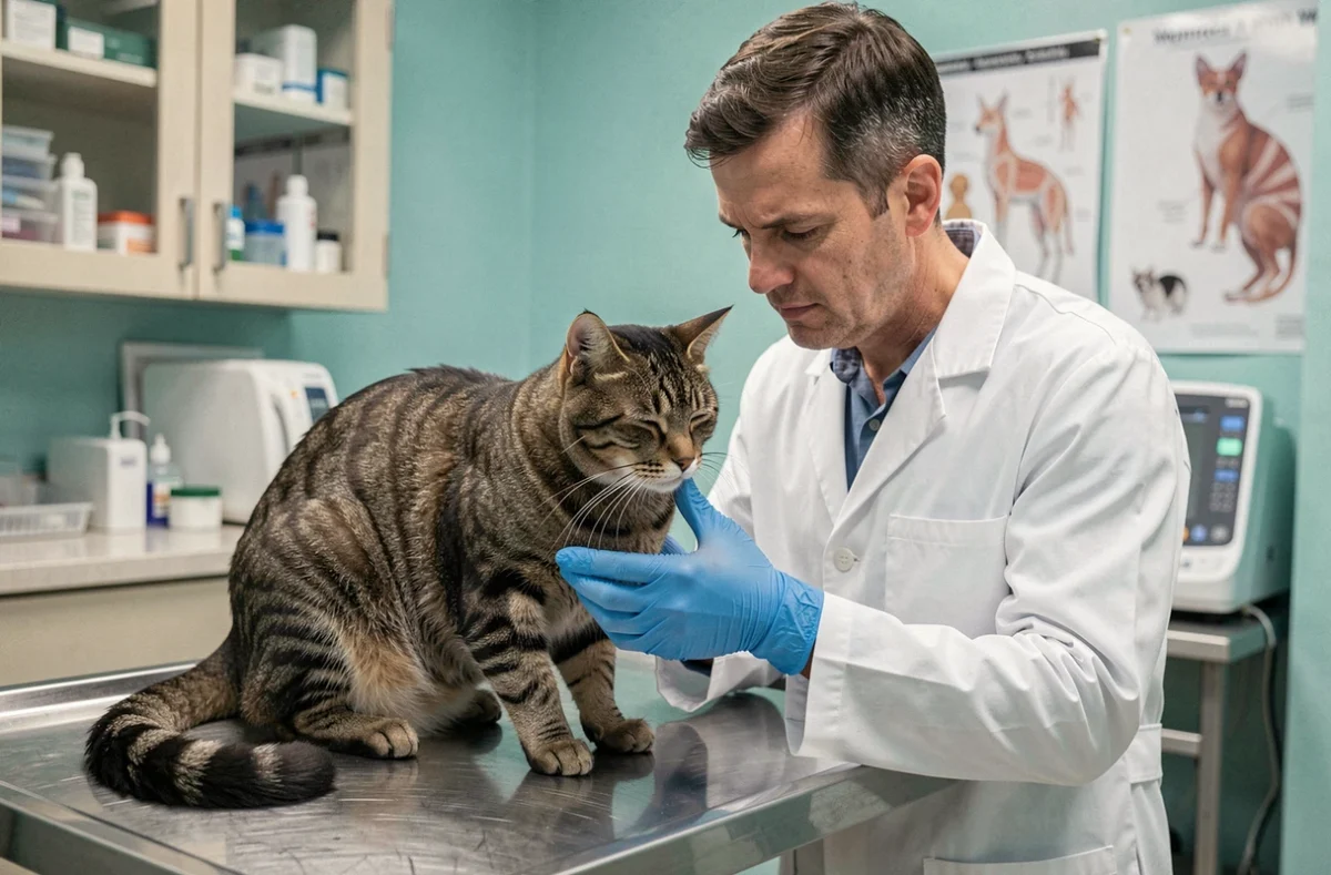 Vétérinaire examinant un chat tigré sur une table d'auscultation dans une clinique vétérinaire, contexte assurance animaux de compagnie