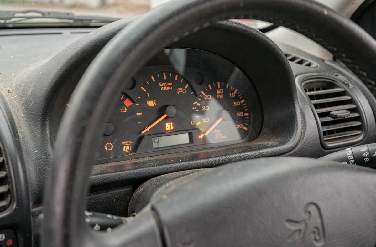 Tableau de bord d'une Peugeot 206 avec plusieurs voyants orange allumés indiquant des alertes mécaniques
