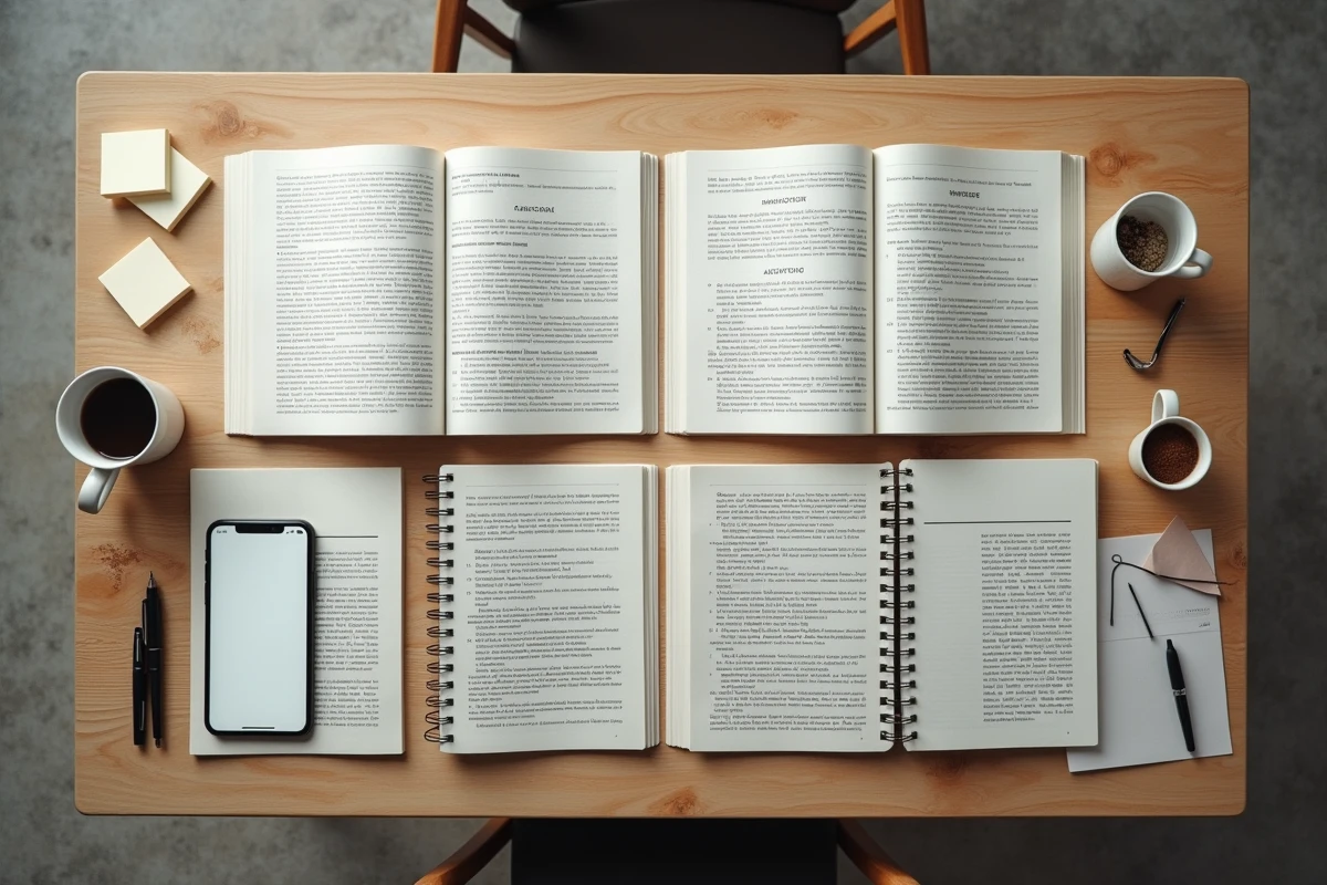 Vue aérienne d'un bureau créatif avec magazines, notes et smartphone présentant les rubriques d'un site